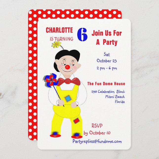 Invitation Circus Clowns Fun Anniversaire de enfant Party mod (Devant / Derrière)