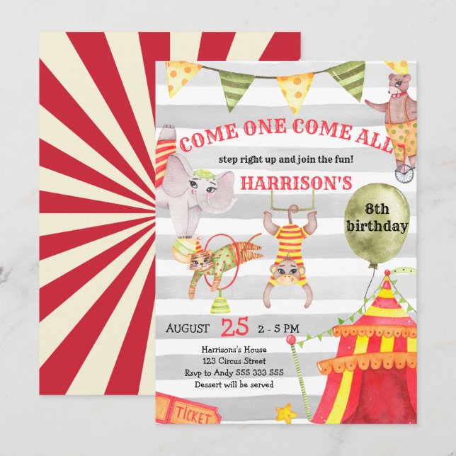Invitation Cirque Annival Carnival Cute Aquarelle Enfants (Devant / Derrière)