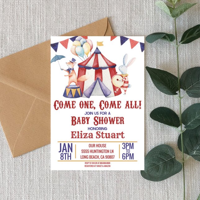 Invitation Cirque Carnaval Animal Red Blue Baby shower (Créateur téléchargé)