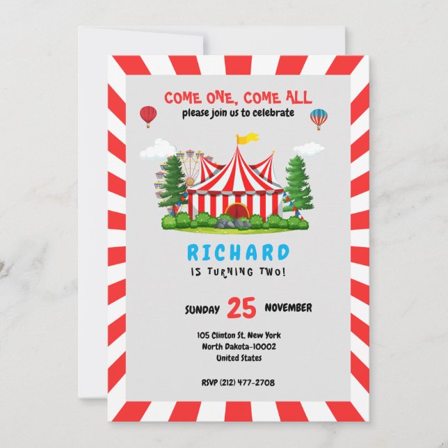 Invitation Cirque Carnaval Thème Anniversaire Fête (Devant)