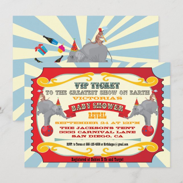 Invitation Cirque ou Carnaval Billets Baby shower Révélation (Devant / Derrière)
