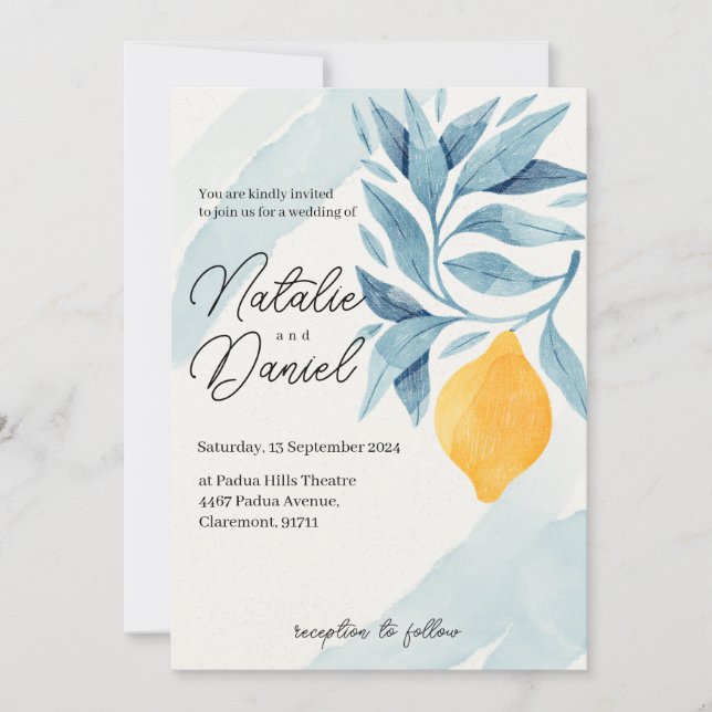 Invitation Citron avec illustration botanique feuille bleue (Devant)