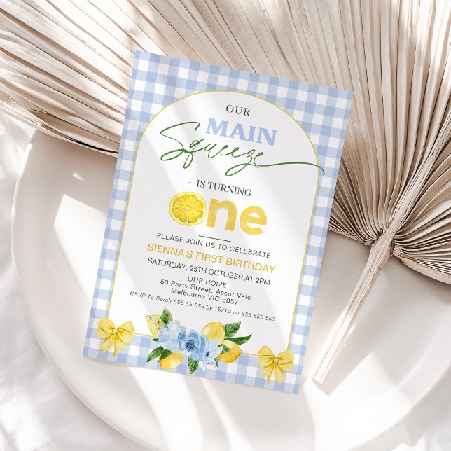Invitation Citron Bleu Bow Notre Squeeze Principal 1er Annive (Blue Yellow Lemon Themed 1st Birthday Invitation Girl, Blue Plaid Main Squeeze 1st Birthday Invite)