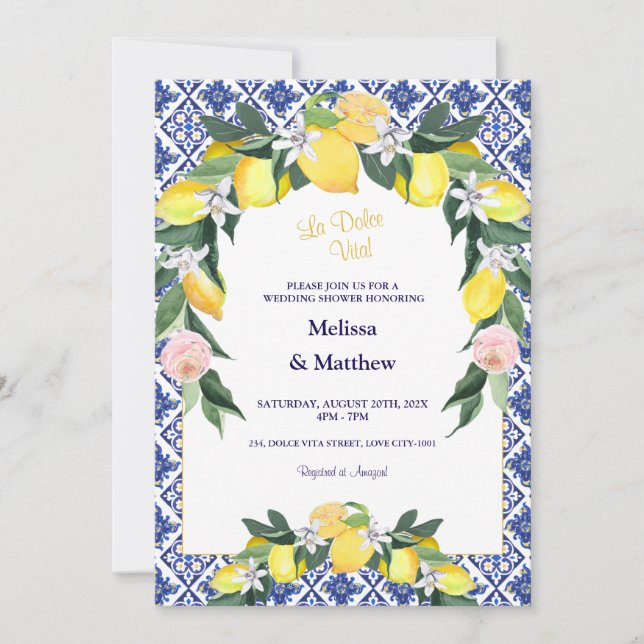 Invitation Citron bleu italien Carreaux Couple Wedding shower (Devant)