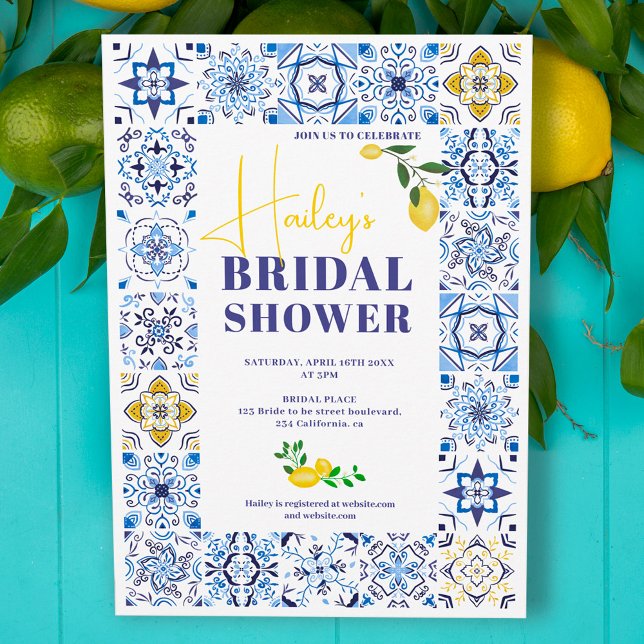 Invitation Citron bleu italien carrelage aquarelle douche nup (Créateur téléchargé)