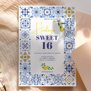 Invitation Citron bleu italien carrelage aquarelle Sweet 16