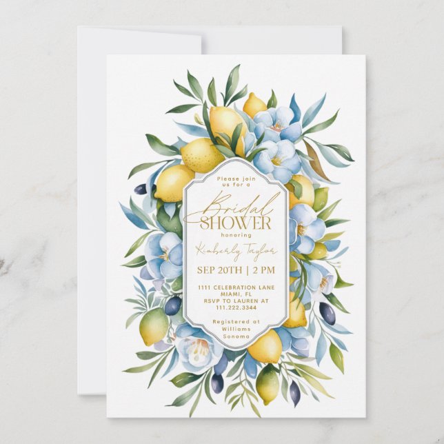Invitation Citron bleu jaune Fête des mariées florale italien (Devant)
