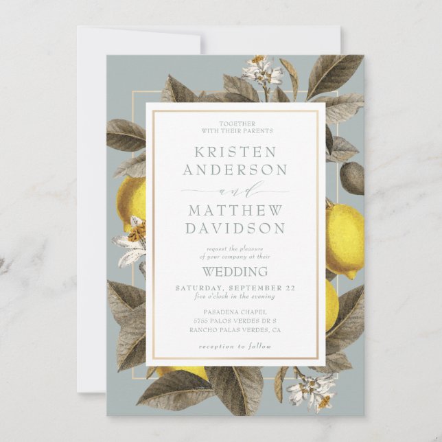 Invitation Citron botanique Feuille Mariage Dusty Blue (Devant)