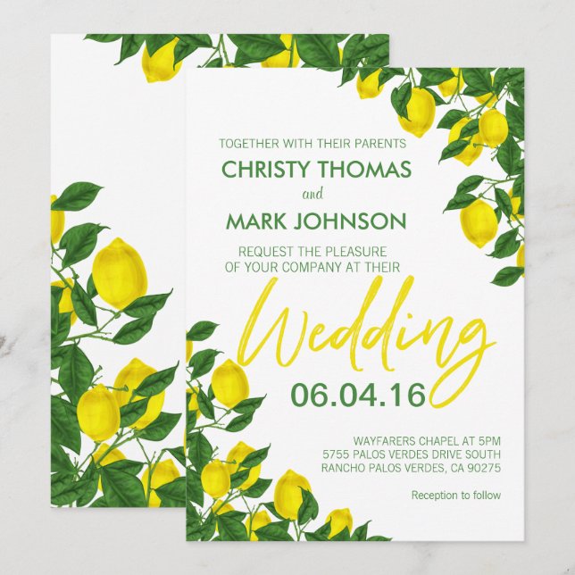 Invitation Citron été moderne Mariage jaune (Devant / Derrière)