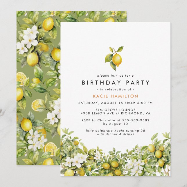 Invitation Citron floral | Fun Bright Jaune Adulte Anniversai (Devant / Derrière)