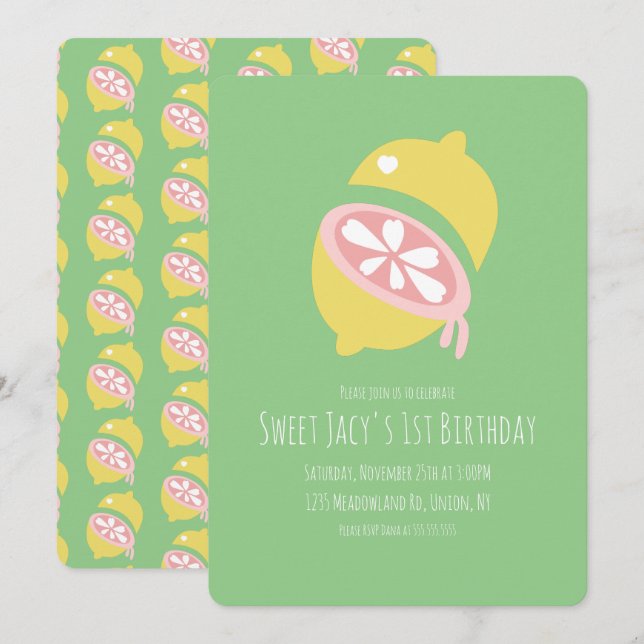 Invitation Citron jaune avec coeur doux Anniversaire (Devant / Derrière)