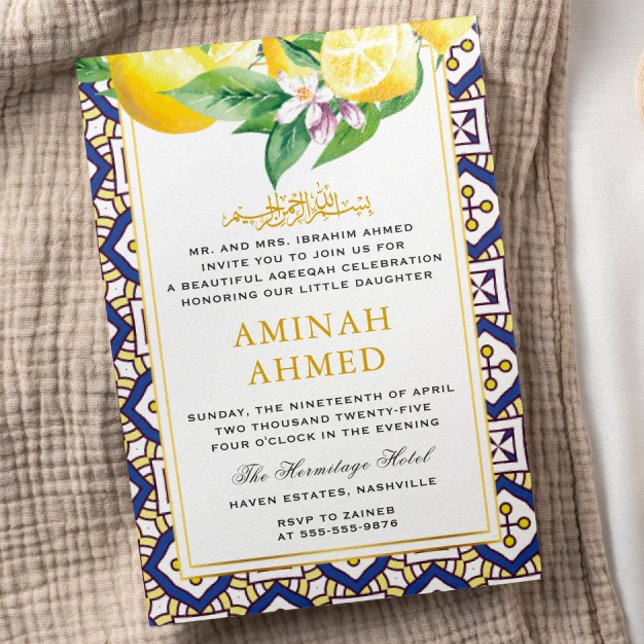 Invitation Citron jaune Floral été islamique Aqiqa Aqeeqa (Créateur téléchargé)