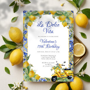 Invitation Citron jaune scooter italien et carreaux bleus Ann