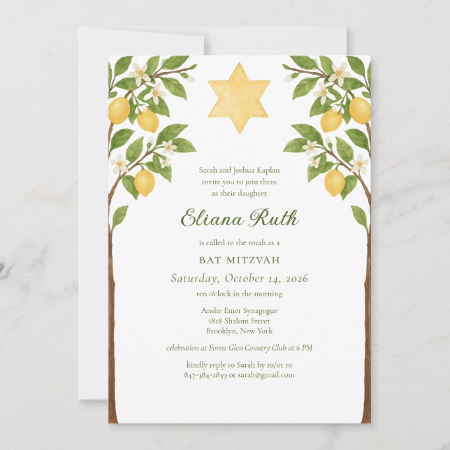 Invitation Citron juif Floral Star de David Bat mitzvah (Devant)