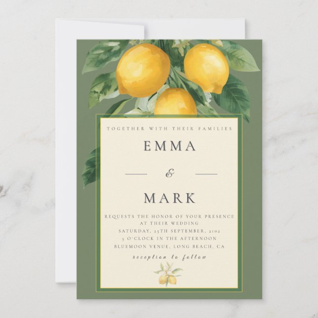 Invitation Citron méditerranéen avec code QR | Vert olive (Devant)