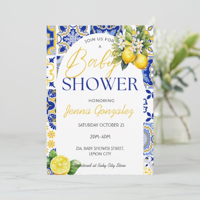 Invitation Citron méditerranéen Baby shower bleu italien carr (Debout devant)