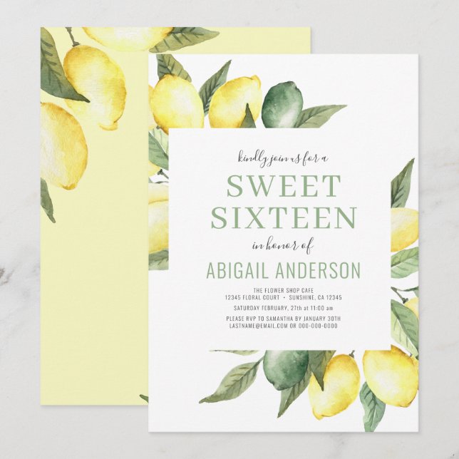 Invitation Citron moderne Sweet sixteen Citrus (Devant / Derrière)