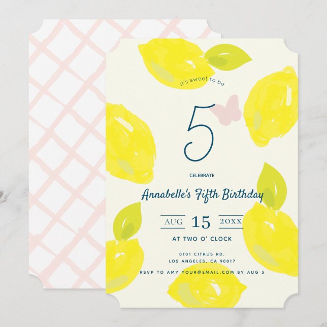 Invitation Citron peint à la main et Fille chèque rose Annive (Devant / Derrière)