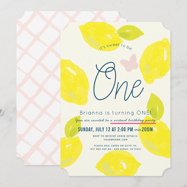 Invitation Citron peint à la main fille rose 1er anniversaire (Devant / Derrière)