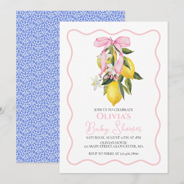Invitation Citron Pink Bow preppy baby shower Coquette (Devant / Derrière)