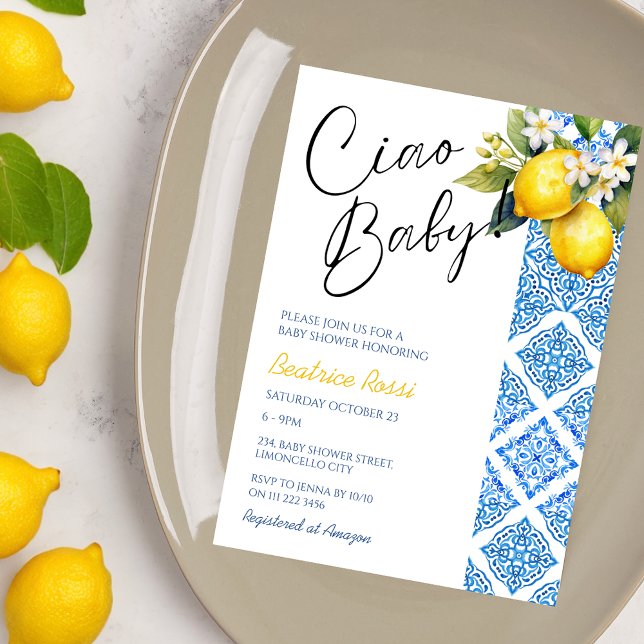 Invitation Citron Positano Baby shower italien Carreaux Amalf (Lemon Positano Italian Baby Shower Amalfi Tiles Invitation)