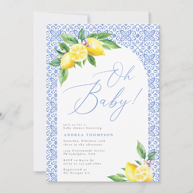 Invitation Citron Positano italien Carrelage bleu Oh baby sho (Devant)