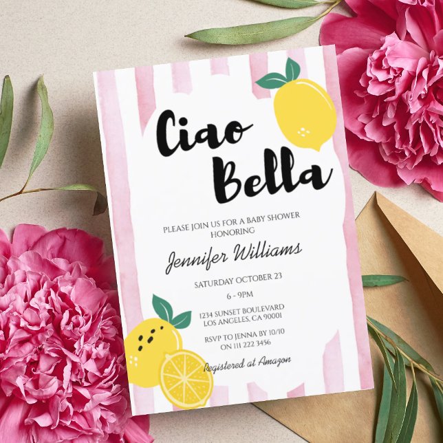 Invitation Citron rose italien Ciao bébé Bella Douche fille (Italian Lemon Girl Baby Shower Invitation)