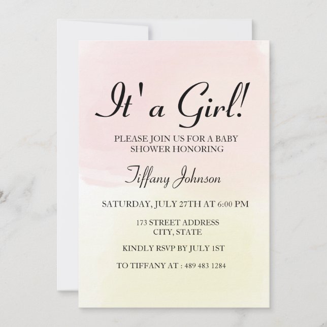 Invitation Citron rose Pastel Ombre son Baby shower Fille (Devant)