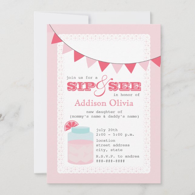 Invitation Citron rose Sip & See Baby Girl (Devant)