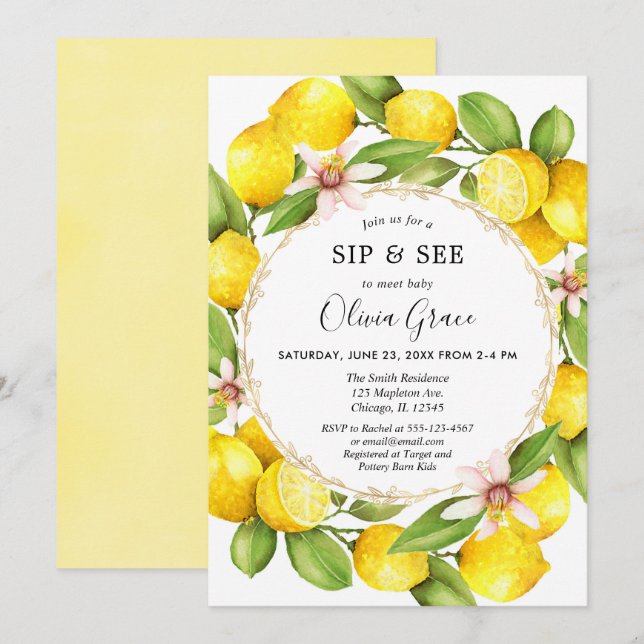 Invitation Citron sip et voir, rencontrer et accueillir bébé  (Devant / Derrière)