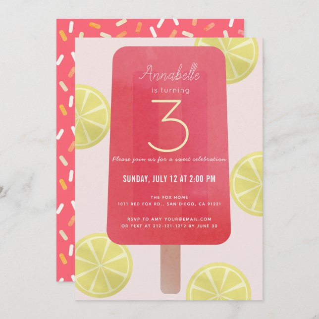 Invitation Citronade rose Popsicle Girl Anniversaire (Devant / Derrière)