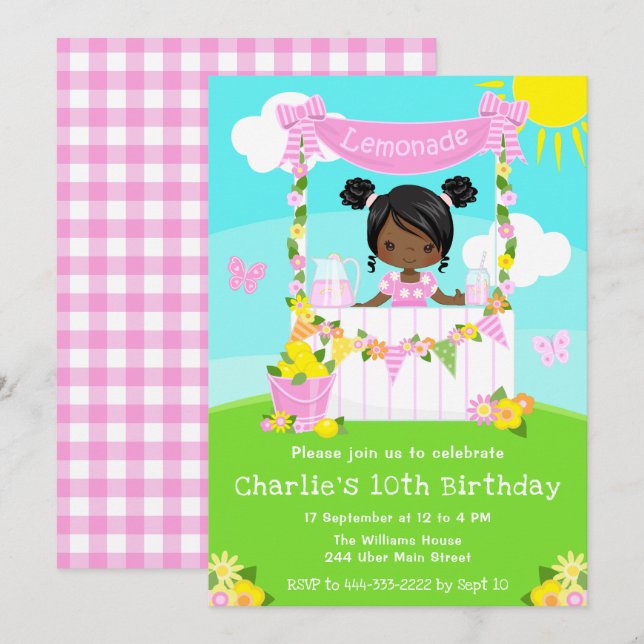 Invitation Citronade rose Stand Anniversaire Fille de peau fo (Devant / Derrière)
