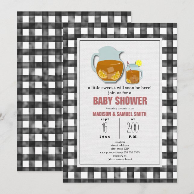 Invitation Citronnade au thé sucré Gingham Shower bébé neutre (Devant / Derrière)
