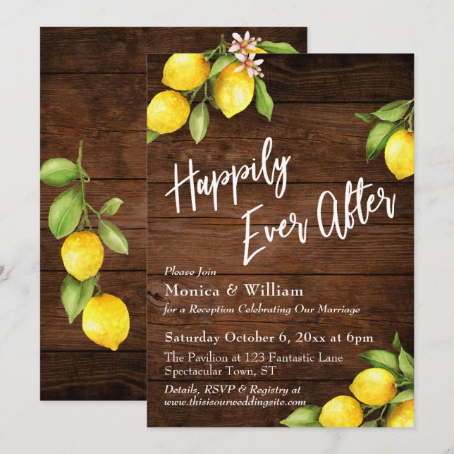 Invitation Citrons aquarelle bois rustique heureux à jamais (Devant / Derrière)