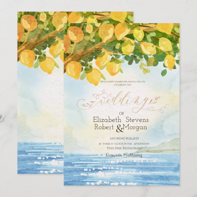Invitation Citrons aquarelle Océan Mariage (Devant / Derrière)