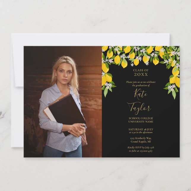 Invitation Citrons Black and Gold Graduation Party Photo (Devant)