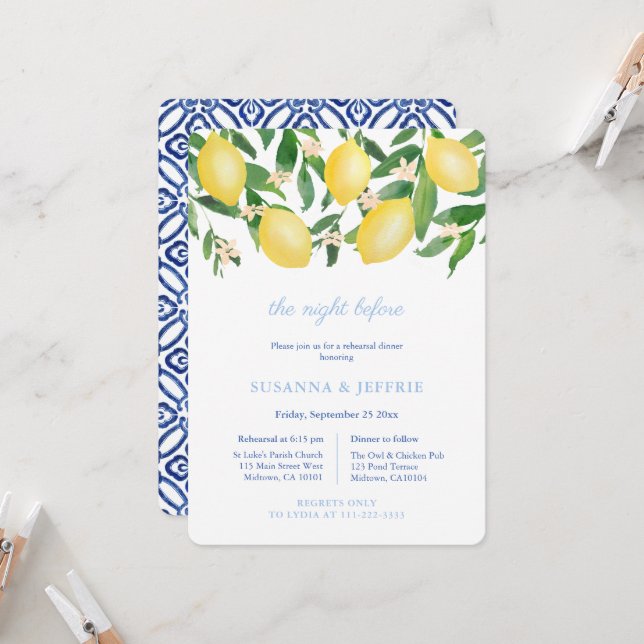 Invitation Citrons Bleu Carreaux Blancs Mariage Dîner de répé (Devant/Arrière en situation)