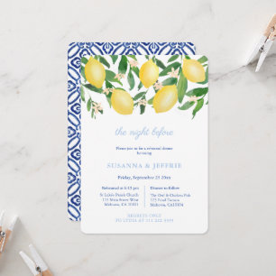 Invitation Citrons Bleu Carreaux Blancs Mariage Dîner de répé