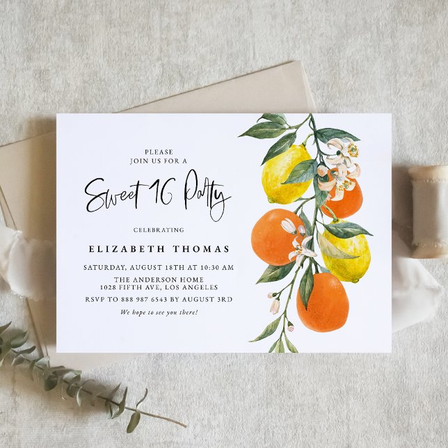 Invitation Citrons botaniques et oranges Sweet sixteen de la  (Créateur téléchargé)
