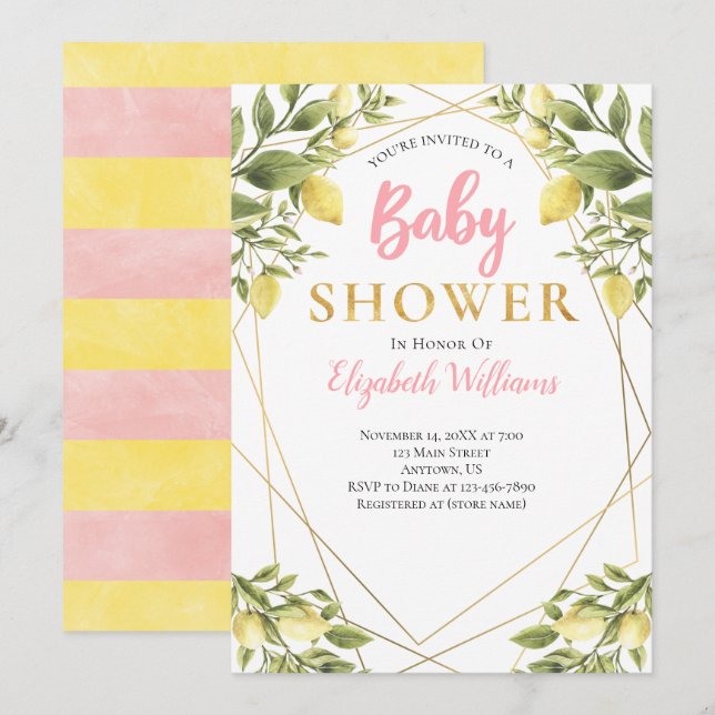 Invitation Citrons Cadre géométrique Baby shower fille rose (Devant / Derrière)