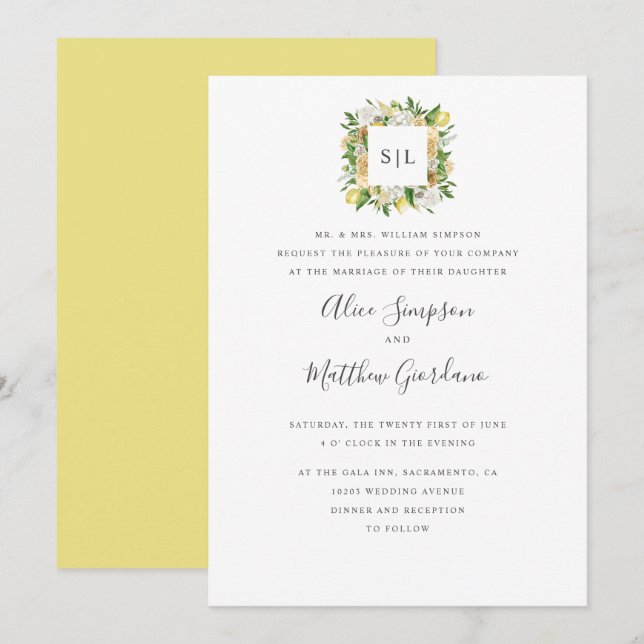 Invitation Citrons Citrus et mariage de monogramme officiel f (Devant / Derrière)