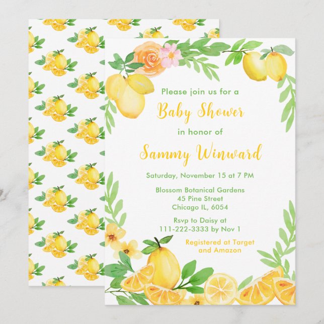 Invitation Citrons et Baby shower verdoyant (Devant / Derrière)