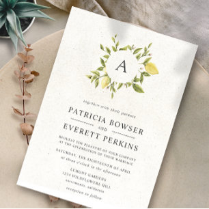 Invitation Citrons et feuilles   Mariage d'aquarelle Monogram