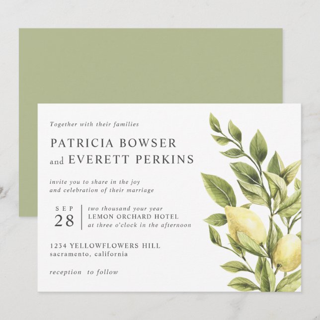 Invitation Citrons et mariage botanique feuille (Devant / Derrière)