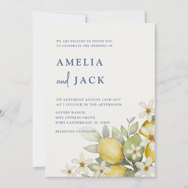 Invitation Citrons et Mariage Floral Aquarelle Moderne (Devant)