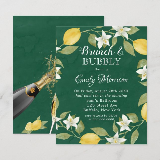 Invitation Citrons et verdure Aquarelle Brunch & Bubbly (Devant / Derrière)