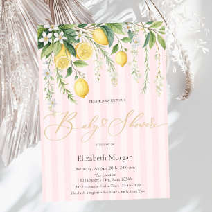 Invitation Citrons Fleuris Baby Shower Rose Rayé