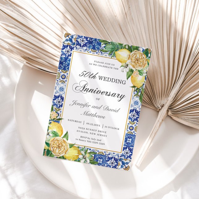Invitation Citrons Floral Carreaux Bleus 50e anniversaire de  (Créateur téléchargé)