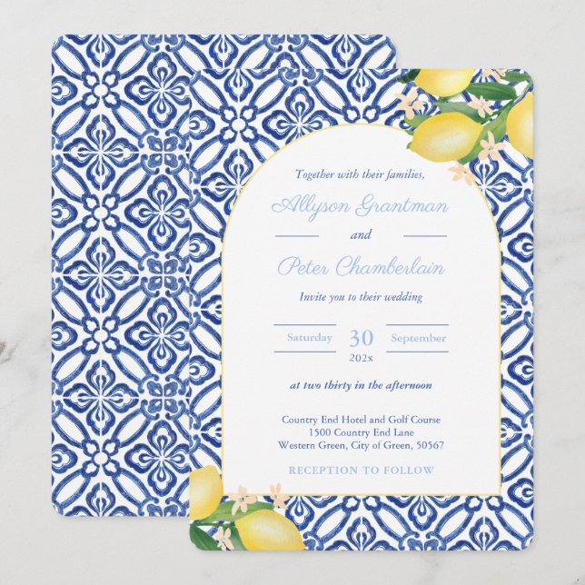 Invitation Citrons italiens Arch Forme Bleu Carreaux blancs M (Devant / Derrière)