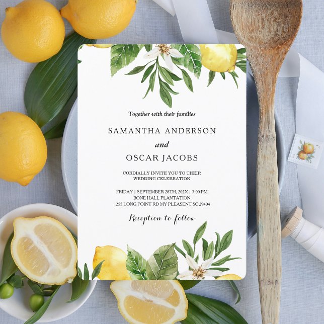 Invitation Citrons jaunes et feuille à l'aquarelle moderne  (Créateur téléchargé)